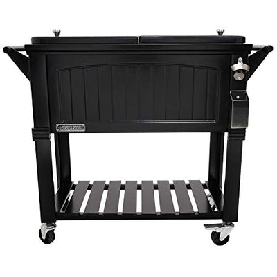 Permasteel 80-Qt Antique Patio Cooler for Outside | Outdoor Beverage Cooler Bar Cart, Rolling Cooler with Wheels and Handles, Wooden Teak Accent, Black