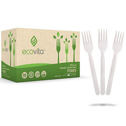 100% Compostable Forks - 500 Large Disposable Utensils (7 in.) Bulk Size Eco Friendly Durable and Heat Resistant Alternative to Plastic Forks with Convenient Tray by Ecovita