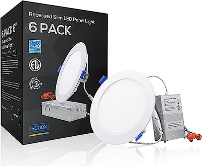 TORCHSTAR 6 Inch Slim Recessed Lighting with Junction Box, Basic Series Ultra Thin LED Recessed Light 5000K Daylight, 12W 1000LM Dimmable LED Downlight, ETL & Energy Star, Pack of 6