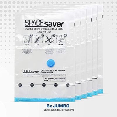 Spacesaver's Space Saver Vacuum Storage Bags (Jumbo 6-Pack) Save 80% Space - Vacuum Sealed Bags for Comforters, Blankets, Bedding, Clothing - Compression Seal for Closet Storage - Pump for Travel