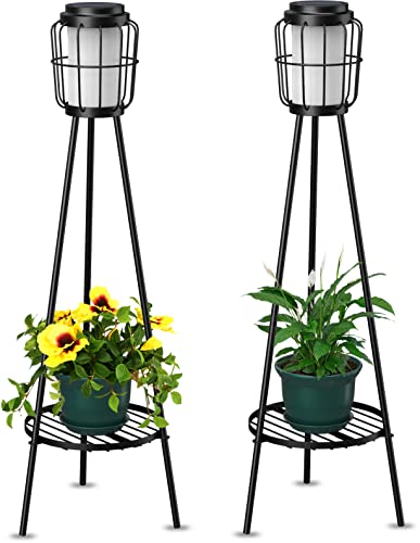 VISFLAIR Solar Lights with Plant Stand, 2 Pack Solar Floor Lamps, Waterproof Solar Powered Outdoor Lights Flower Shelf for Patio Porch Deck Yard Garden Decor