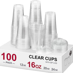 AOZITA 100 Sets, 16 oz Crystal Clear Plastic Cups With Sip Lids, Disposable Cups With Sip Through Lids for Iced Coffee, Smoothie, Milkshake, Cold Drinks