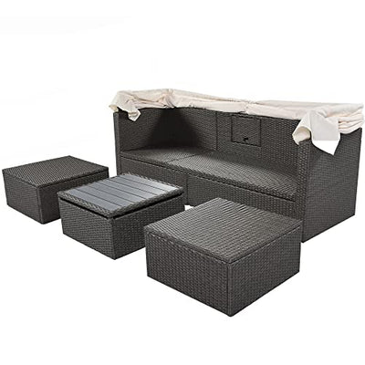 EMKK Patio Furniture Rectangle Daybed, Outdoor Rattan Sofa Sectional Conversation Set Separates Cushioned Seats for Backyard, Beige Retractable Canopy