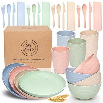 FOODLE Wheat Straw Dinnerware Sets for 4 - Lightweight & Unbreakable Dishes - Microwave & Dishwasher Safe - Perfect for Camping, Picnic, RV - Kids Plates and Bowls Sets - College Dorm Room Essentials