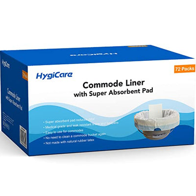 HygiCare Commode Liners with Super Absorbent Pads - 72 Count, Medical Grade, Leakproof, Super Strong, Best for Bedside Commodes and Bedpans, Easy Tie, Turn Liquids into Gel, Reduce Odor