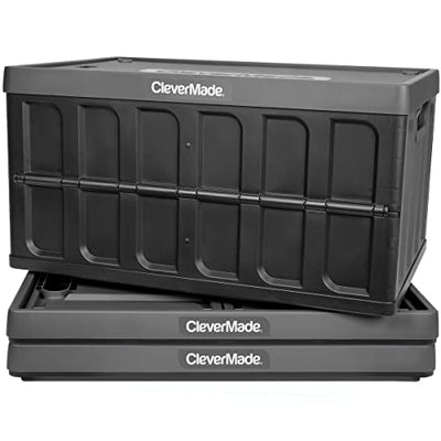 CleverMade 46L Collapsible Storage Bins with Lids - Folding Plastic Stackable Utility Crates, Solid Wall 3 Pack, Charcoal