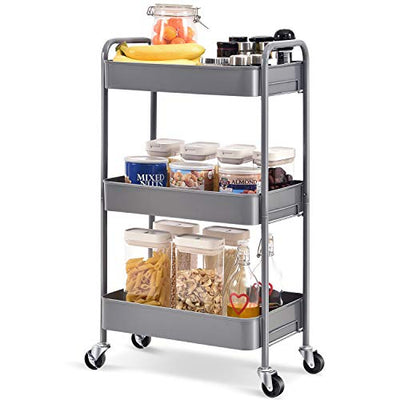 TOOLF 3-Tier Rolling Cart, Metal Utility Cart with Lockable Wheels, Storage Craft Art Cart Trolley Organizer Serving Cart Easy Assembly for Office, Bathroom, Kitchen, Kids' Room, Classroom (Grey)