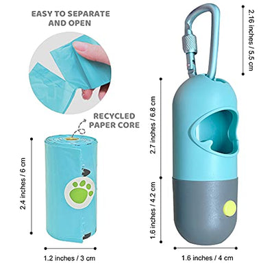 Dog Poop Bag Dispenser with Built-in LED Flashlight and Metal Clip for Leash, Pet Waste Bag Holder, Dog Walking Accessory (Crystal Blue)