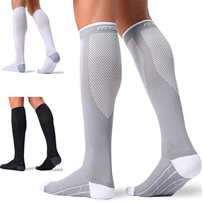 FITRELL 3 Pairs Compression Socks for Women and Men 20-30mmHg-- Support Socks for Travel, Running, Nurse, BLACK+WHITE+GREY S/M