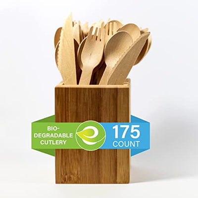 ECO SOUL 100% Compostable Cutlery [175-Pack] Disposable Wooden Cutlery Set I 100% Natural, Sturdy, Eco-friendly, Utensils Set I Biodegradable (75 Fork,50 Spoon, 50 Knife)