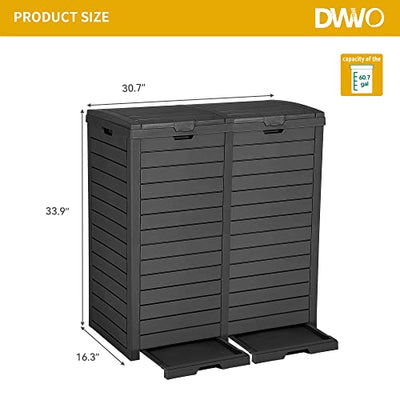DWVO Outdoor Large Resin Trash Can Dual Compartments, 62 Gallon Classified Hideaway Garbage Bins with Lid and Drip Tray for Porch, Backyard, Deck, Patio, Poolside, Easy to Clean, 248 Quart, Black