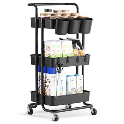 ALVOROG 3-Tier Rolling Utility Cart Movable Storage Organizer Shelves with Wheels and Hanging Cups Multifunctional Service Cart for Kitchen, Office, Coffee Bar-Black