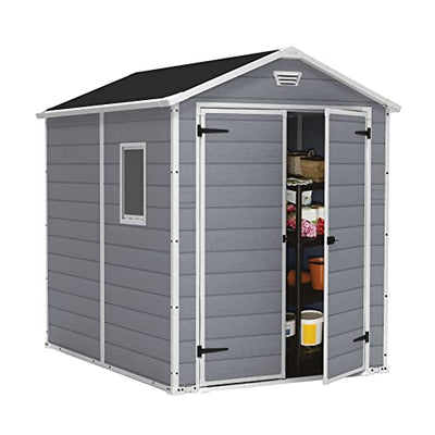 Keter Manor 6 x 8 Foot All Weather Garden Tool Outdoor Storage Shed with Lockable Double Doors, Fixed Window and Wood-look Resin Walls, Grey