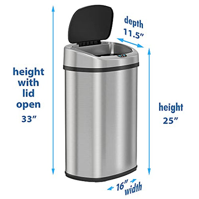 iTouchless 13 Gallon SensorCan Kitchen Trash Can with Odor Filter, Stainless Steel, Oval Shape, Sensor-Activated Lid Garbage Bin for Home, Office, Slim Space-Saving, Battery & AC Adapter not included