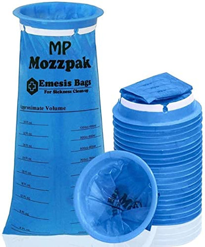 MP MOZZPAK New Vomit Bags – 24 Pack – 1000ml Emesis Bags – Leak Resistant, Medical Grade, Portable, Disposable Barf, Puke, Throw Up, Nausea Bags for Travel Motion Sickness, Car & Aircraft, Kids, Taxi