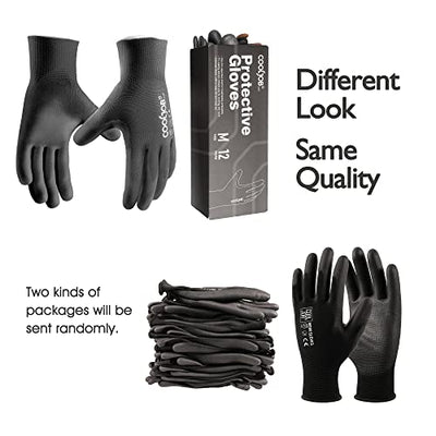 COOLJOB Safety Work Gloves PU Coated-12 Pairs, Ultra-lite Polyurethane Working Gloves for Men Women with Grip, 13 Gauge Seamless Knit for Warehouse Driver Worker, Bulk Pack Package, Medium Black