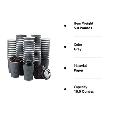Disposable Coffee Cups with Lids and Straws - 16 oz (90 Set) Togo Hot Paper Coffee Cup with Lid To Go for Beverages Espresso Tea Insulated Reusable Cold Drinks Ripple Cups Protect Fingers From Heat