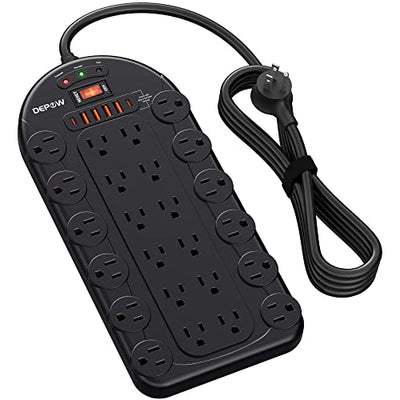 Power Strip Surge Protector (3,400 Joules), DEPOW 24 AC Multiple Outlets (1875W/15A) with 6 USBs (2 USB-C Ports), 8 Ft Long Heavy Duty Extension Cord, Flat Plug, Wall Mount for Home, Office, Black
