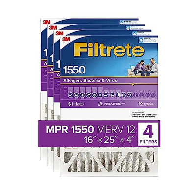 Filtrete 16x25x4 Air Filter, MPR 1550, MERV 12, Healthy Living Ultra Allergen Healthy Living 12-Month Deep-Pleated 4-Inch Air Filters, 4 Filters