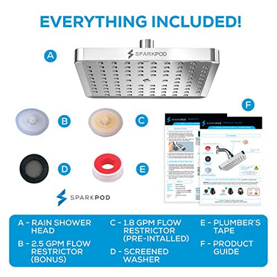 SparkPod Shower Head - High Pressure Rain - Luxury Modern Look - Tool-less 1-Min Install - The Perfect Adjustable Replacement For Your Bathroom Shower Heads (6" Square, Luxury Polished Chrome)