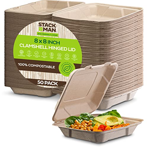 100% Compostable Clamshell Take Out Food Containers [8X8" 50-Pack] Hea ...