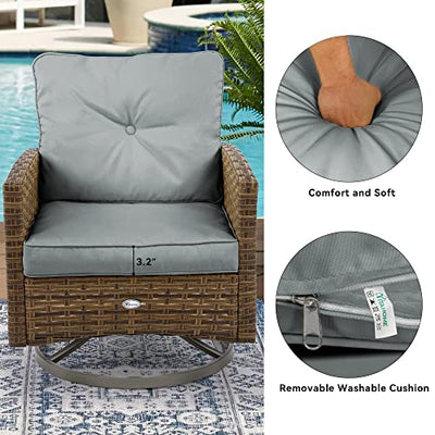 YITAHOME 3-Piece Patio Outdoor Wicker Bistro Rocking Furniture Conversation Chairs for Garden, Backyard and Balcony (Tan Chairs + Dark Gray Cushions)