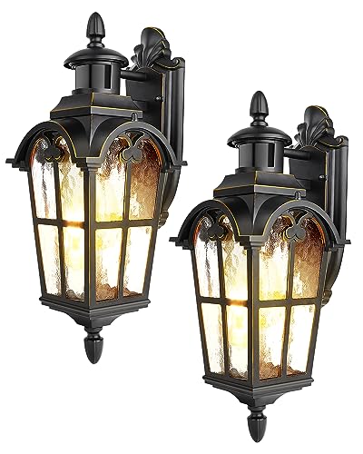 DEWENWILS Motion Sensor Outdoor Wall Lights, 2-Pack Dusk to Dawn Exterior Lantern Fixture, Roman Vintage Wall Mount Waterproof Porch Light, Water Ripple Glass, for Front Door Garage Patio