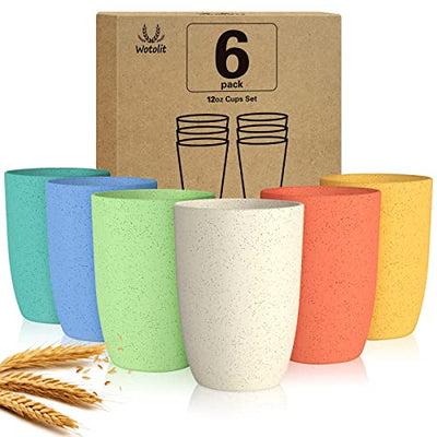 Wotolit Wheat Straw Cups Plastic Cups Unbreakable Drinking Cup Reusable Dishwasher Safe Water Glasses Colorful (12OZ 6PCS)