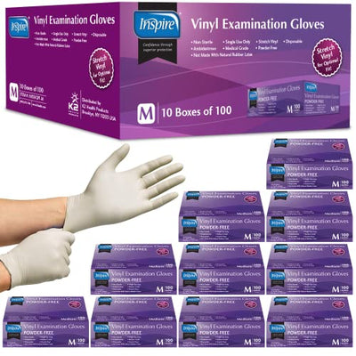 Inspire Stretch Vinyl Exam Gloves | THE ORIGINAL Quality Vinyl Gloves Disposable Latex Free Medical Gloves Cleaning Gloves