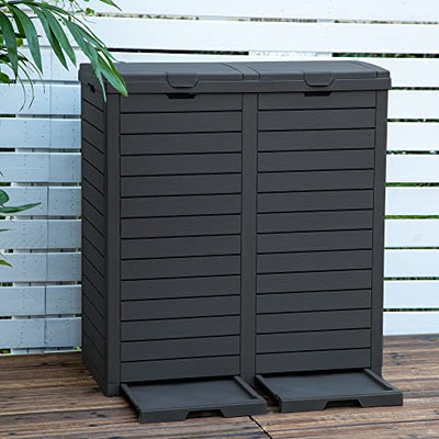 DWVO Outdoor Large Resin Trash Can Dual Compartments, 62 Gallon Classified Hideaway Garbage Bins with Lid and Drip Tray for Porch, Backyard, Deck, Patio, Poolside, Easy to Clean, 248 Quart, Black