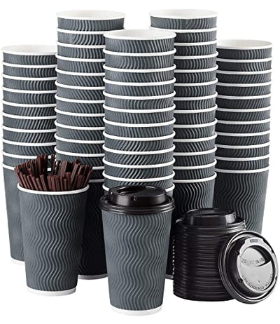 Disposable Coffee Cups with Lids and Straws - 16 oz (90 Set) Togo Hot Paper Coffee Cup with Lid To Go for Beverages Espresso Tea Insulated Reusable Cold Drinks Ripple Cups Protect Fingers From Heat