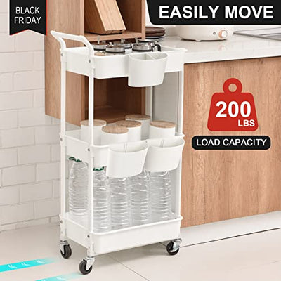 Hamone 3-Tier Utility Rolling Cart,Mobile Utility Cart with Lockable Caster Wheels,Storage Shelves Organizer Cart, 3 Hanging Baskets, Easy Assembly,for Bathroom, Kitchen, Office, Workshop,White