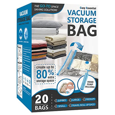 20 Pack Vacuum Storage Bags, Space Saver Bags (4 Jumbo/4 Large/4 Medium/4 Small/4 Roll) Compression Storage Bags for Comforters and Blankets, Vacuum Sealer Bags for Clothes Storage, Hand Pump Included