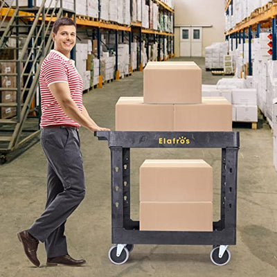 ELAFROS Heavy Duty Plastic Utility Cart 34 x 17 Inch - Work Cart Tub Storage W/Deep Shelves and Full Swivel Wheels Safely Holds up to 550 lbs - 2 Tier Service Cart for Warehouse,Garage, Cleaning