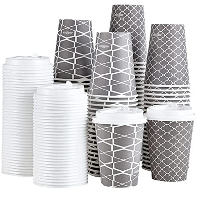 JOLLY PARTY Disposable Coffee Cups with Lids -12 oz (100 Sets) To Go Coffee Cups, Paper Coffee Cups for Beverages Espresso Tea, Suitable for Cafes, Offices and Home