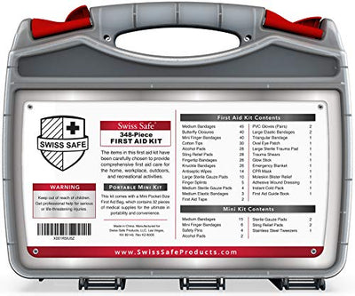 Swiss Safe 2-in-1 Hardcase First Aid Kit (348 Piece) + Bonus Mini Kit (32 Piece), Survival Preparedness for 50 People