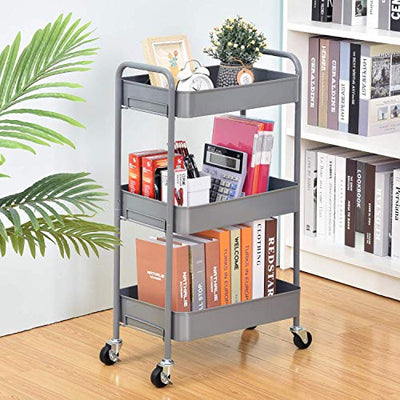 TOOLF 3-Tier Rolling Cart, Metal Utility Cart with Lockable Wheels, Storage Craft Art Cart Trolley Organizer Serving Cart Easy Assembly for Office, Bathroom, Kitchen, Kids' Room, Classroom (Grey)
