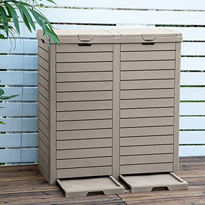DWVO Outdoor Large Resin Dual Trash Can with Lid, 62 Gallon Classified Hideaway Garbage Bins with Drip Tray for Porch, Backyard, Deck, Patio, Poolside, Easy to Clean, 248 Quart, Taupe