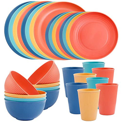 LIYH 32pcs Wheat Straw Dinnerware Set for 8, Wheat Straw Plates and Bowls Set,Reusable Plastic Plates,Dishwasher Microwave Safe Dinnerware,Unbreakable Dinnerware Sets (Red,Yellow,Blue,Green)