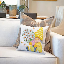 All Smiles Outdoor Yellow Throw Pillow Covers 18x18 Set of 4 Spring Summer Decorative Cushion Cases Home Décor Decorations for Patio Couch Chair Sofa,Daisy Floral Gnomes