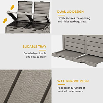 DWVO Outdoor Large Resin Dual Trash Can with Lid, 62 Gallon Classified Hideaway Garbage Bins with Drip Tray for Porch, Backyard, Deck, Patio, Poolside, Easy to Clean, 248 Quart, Taupe