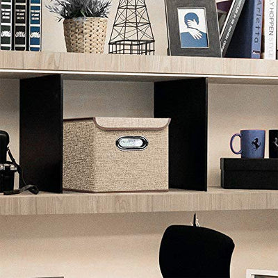 BeigeSwan Storage Bin [Set of 4] Linen Fabric Foldable Container with Lid, Collapsible Organizer Boxes Cubes – 10 x 10 x 10 Inches (Beige)