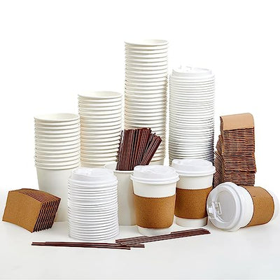 [100 Pack] 12 oz Paper Coffee Cups, Disposable Paper Coffee Cup with Lids, Sleeves, and Stirrers, Hot/Cold Beverage Drinking Cup for Water, Juice, Coffee or Tea, Suitable for Home, Shops and Cafes