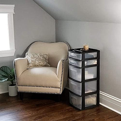 Homz Plastic 5 Clear Drawer Medium Home Organization Storage Container Tower with 3 Large Drawers and 2 Small Drawers, Black Frame, 2 Pack