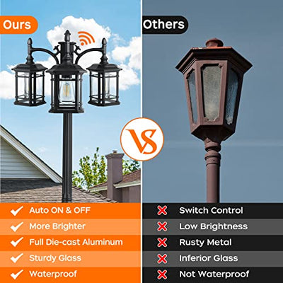 PARTPHONER Dusk to Dawn Outdoor Lamp Post Lights, Black Light Pole with Clear Glass Panels (3 LED Bulbs Included), 3-Head Hardwired Waterproof Outside Street Lights for Backyard Garden Driveway