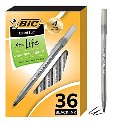 BIC® Round Stic® Xtra Life Ball Point Pen, Black, 36 Pack