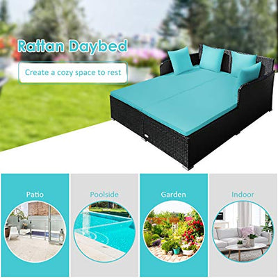 Tangkula Outdoor Rattan Daybed, Sunbed Wicker Furniture w/Spacious Seat, Upholstered Cushion & High-Resilience Sponge, Wicker Patio Sofa Set w/Extra Pillows for Courtyard Poolside(Turquoise)