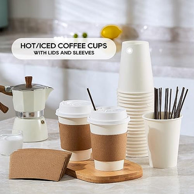 [100 Pack] 12 oz Paper Coffee Cups, Disposable Paper Coffee Cup with Lids, Sleeves, and Stirrers, Hot/Cold Beverage Drinking Cup for Water, Juice, Coffee or Tea, Suitable for Home, Shops and Cafes
