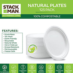 100% Compostable Disposable Paper Plates [125-Pack] - {PFAS-Free} - {BPI Certified} - [9 Inch] Heavy Duty, Eco-Friendly, Biodegradable Bagasse Dinner & Lunch Plates - Thick White 9" Plate by Stack Man