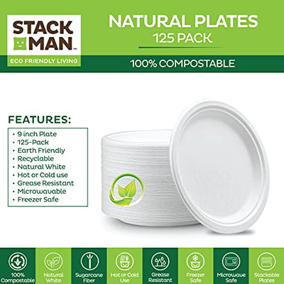 100% Compostable Disposable Paper Plates [125-Pack] - {PFAS-Free} - {BPI Certified} - [9 Inch] Heavy Duty, Eco-Friendly, Biodegradable Bagasse Dinner & Lunch Plates - Thick White 9" Plate by Stack Man